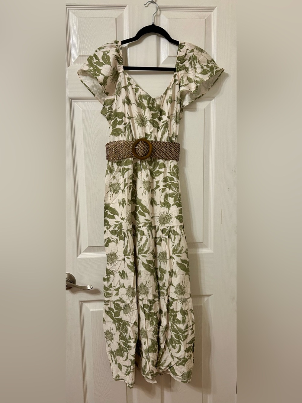 Ever B Floral Green Midi Dress with Woven Belt